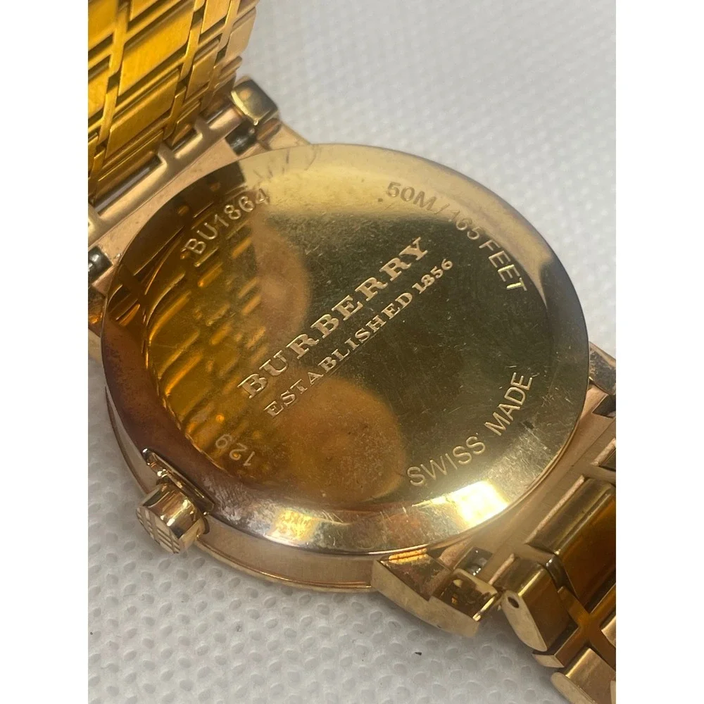 Burberry The City Rose Gold Quartz Watch 37mm Engraved Monochrome Dial Date Feat